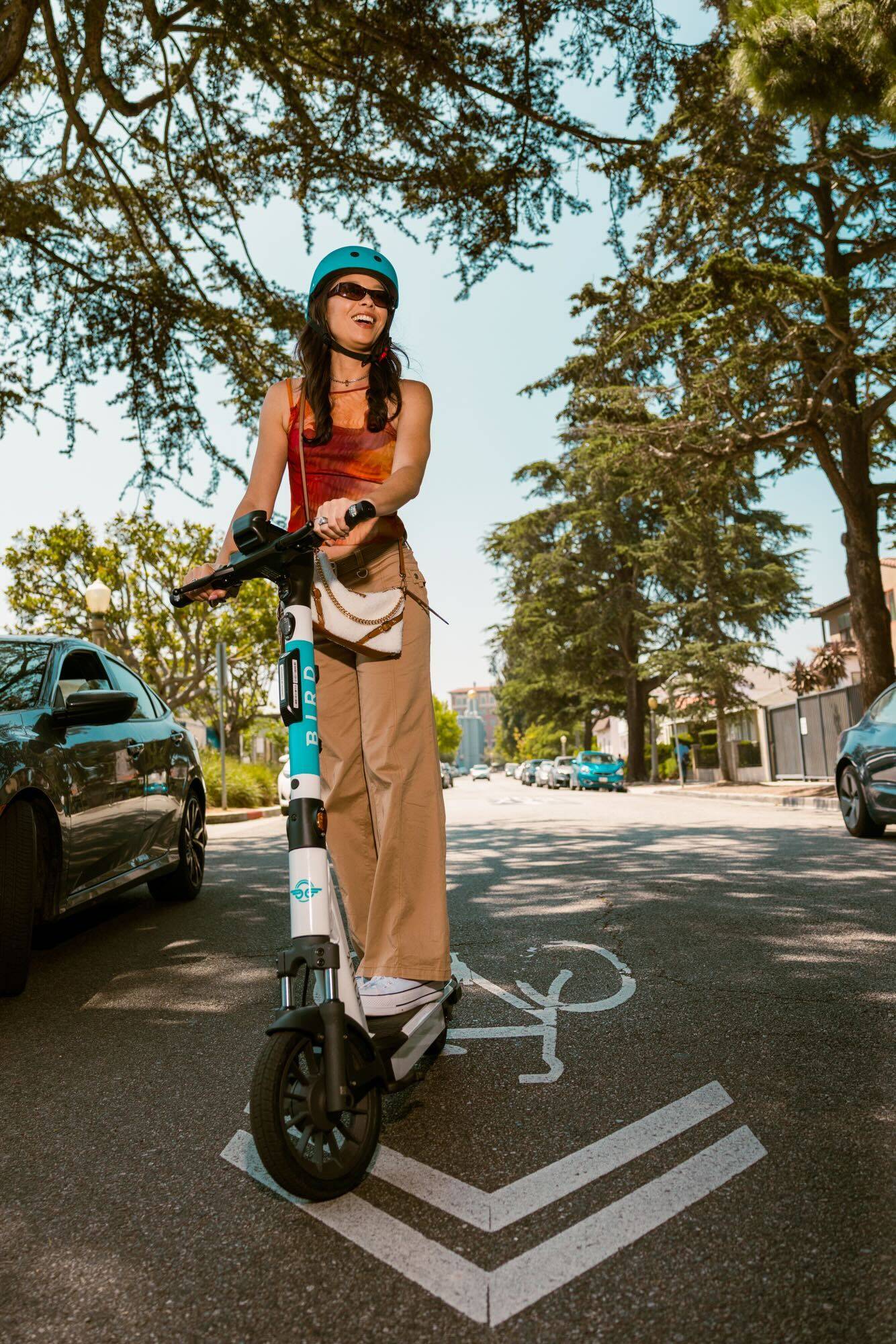 Bird scooter parked on a city street