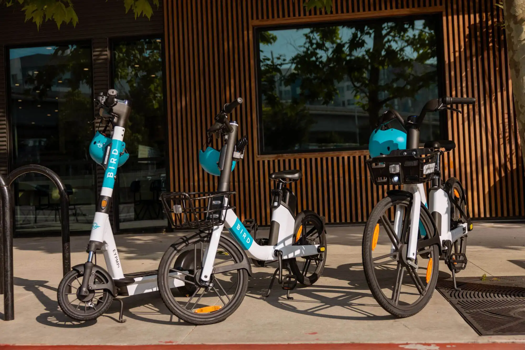 Bird e-bikes and scooters parked outside a modern building
