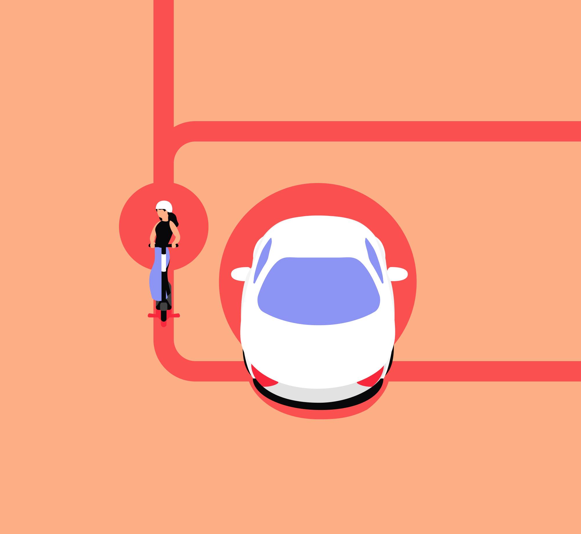 Top-down illustration of a car and a cyclist approaching the same road intersection.