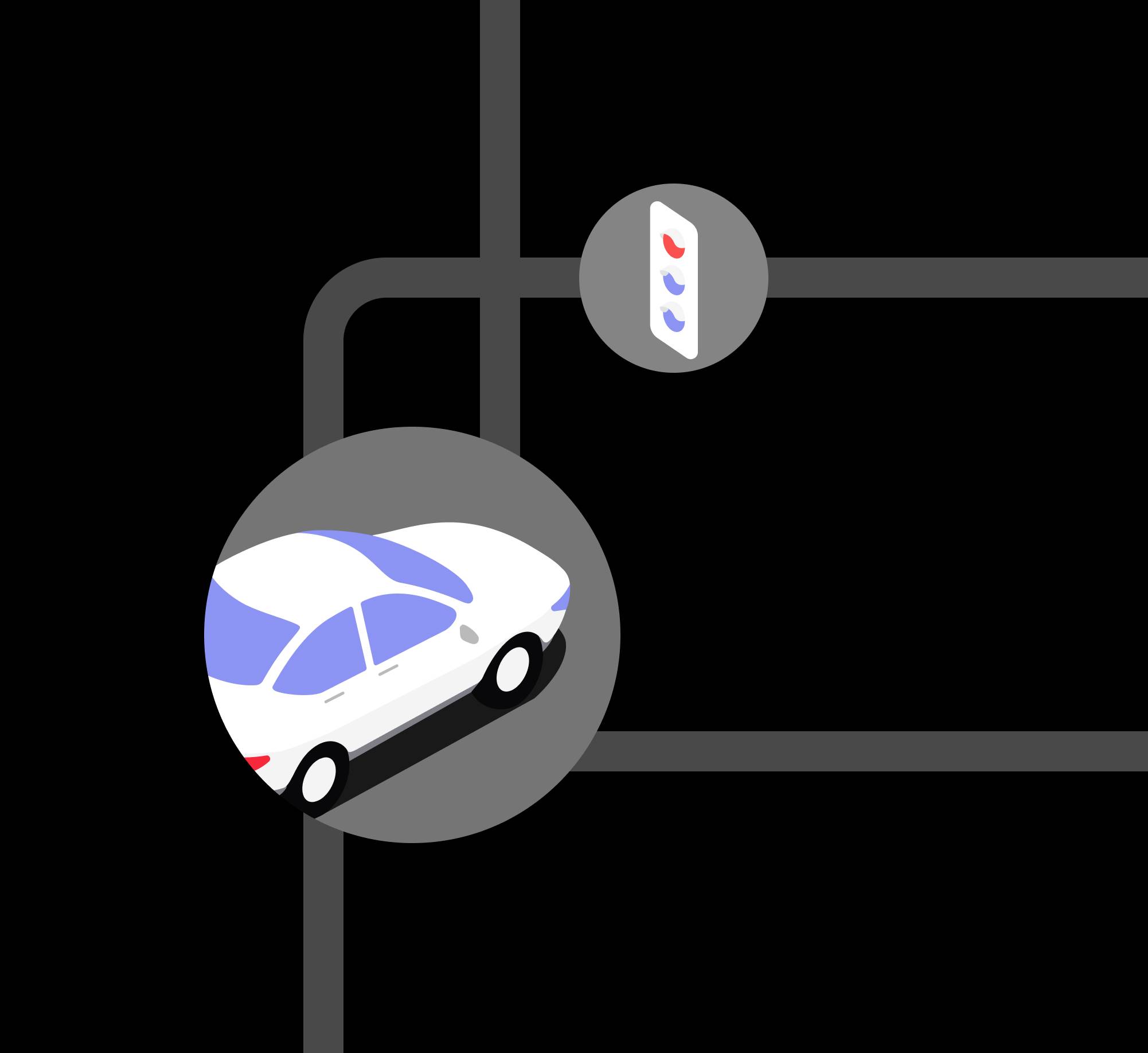 Illustration of a car driving along a city street toward a traffic light at an intersection.