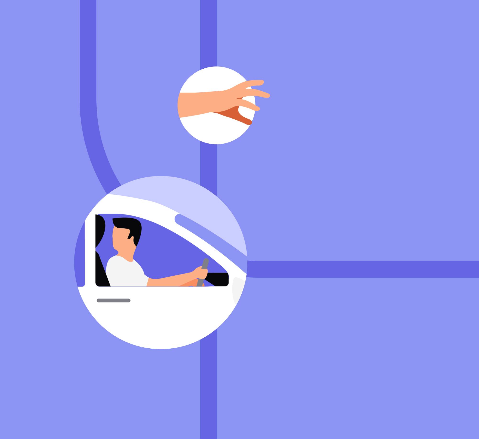 Illustration of a driver at a road intersection with a hand reaching out to open a car door.